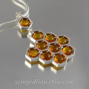 Amber, citrine & clear sapphire honeycomb pendant set in sterling silver, by Winged Lion, Etsy