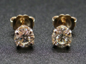 Low color graded stones set in yellow gold earring stud settings; M,N color, VS1 clarity, $1499, Antique Jewelry Line, Etsy