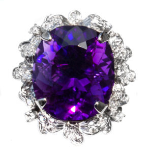 deep purple amethyst ring with diamonds in white gold