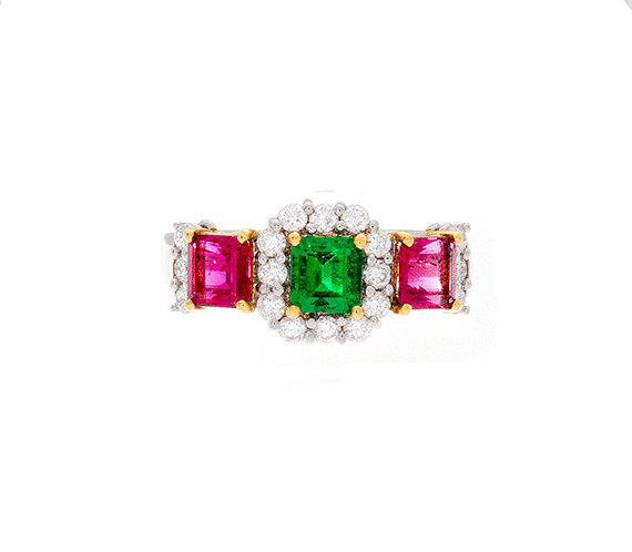 18 kt gold ring with red and green emerald with diamonds