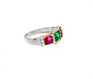ring with green and red beryl with diamonds